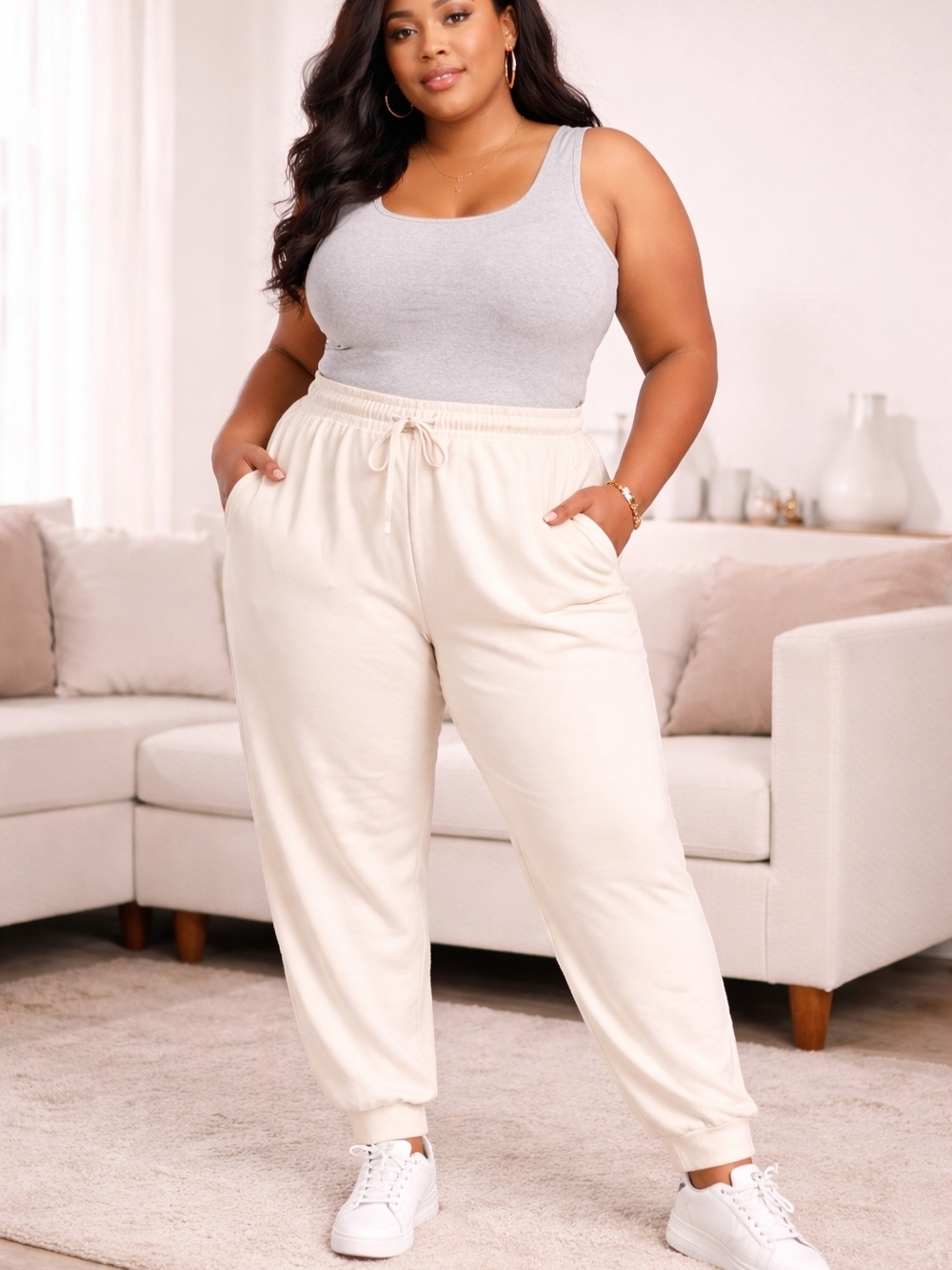 IMAN Plus Size 3X Cream Jogger Sweatpants Drawstring Lounge